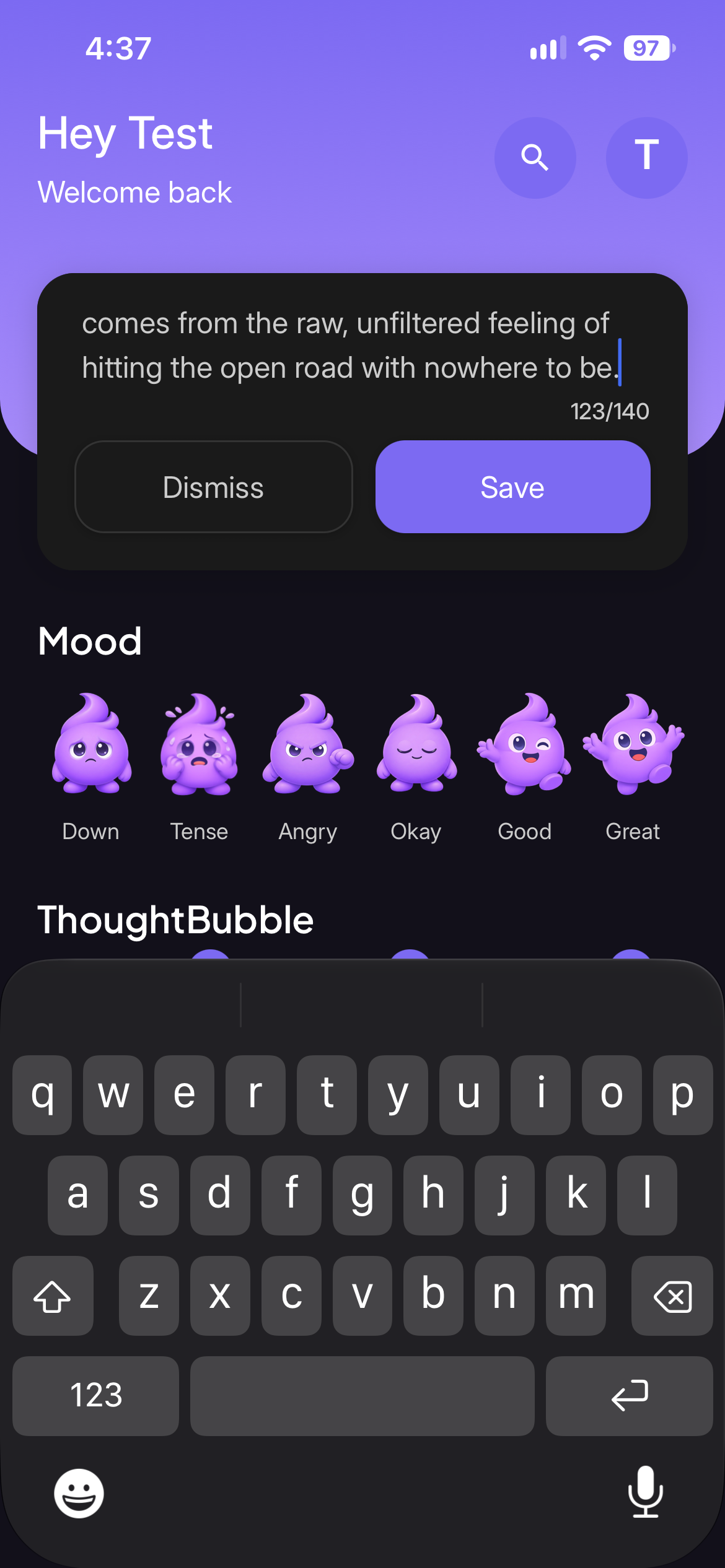 ThoughtBeam Write screen — A hundred and forty characters