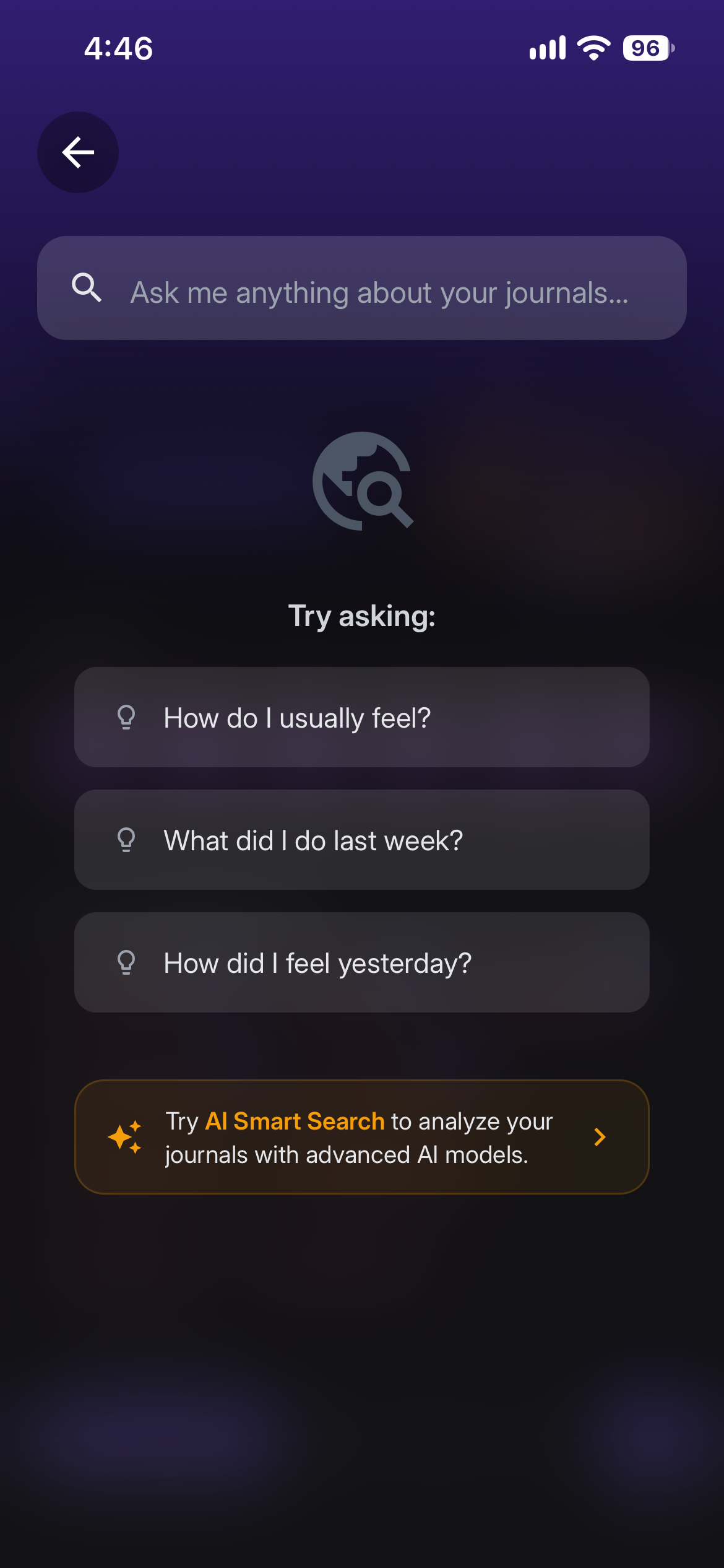 ThoughtBeam Search screen — Ask your journal a question