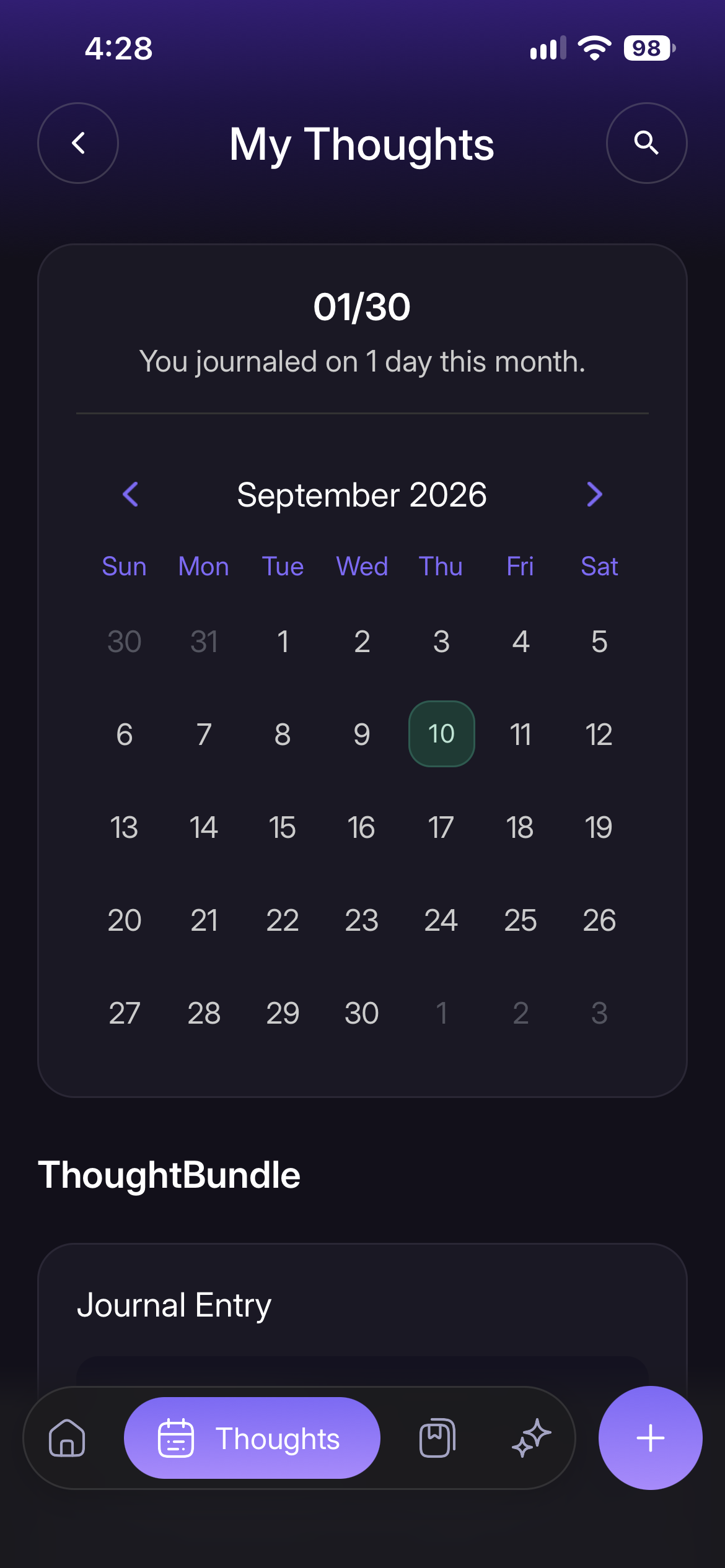 ThoughtBeam Calendar screen — See the month at a glance